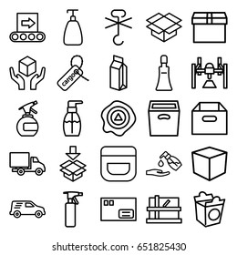 Packaging icons set. set of 25 packaging outline icons such as parcel, spray bottle, soap, cream tube, cream, bottle soap, liquid soap, take away food, milk, cargo tag