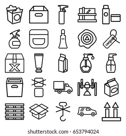 Packaging icons set. set of 25 packaging outline icons such as parcel, cream tube, spray bottle, cream, bottle soap, take away food, soap, milk, cargo box, cargo tag, box