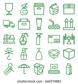 Packaging icons set. set of 25 packaging outline icons such as parcel, cream tube, spray bottle, soap, bottle soap, take away food, milk, cargo tag, cargo arrow up, box