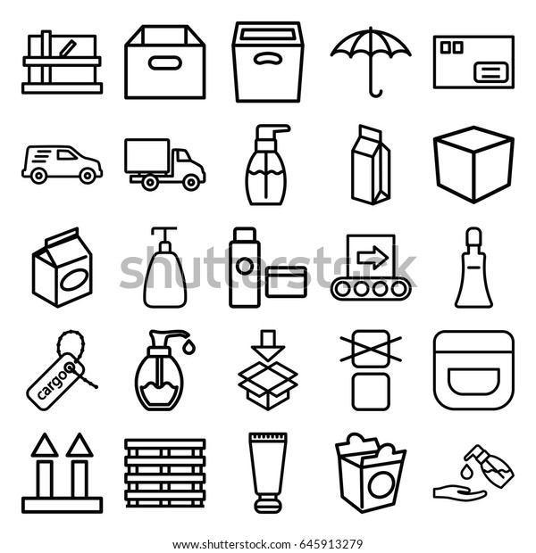Packaging icons set. set of 25\
packaging outline icons such as parcel, cream tube, soap, cream,\
bottle soap, liquid soap, take away food, milk, cargo box, cargo\
tag