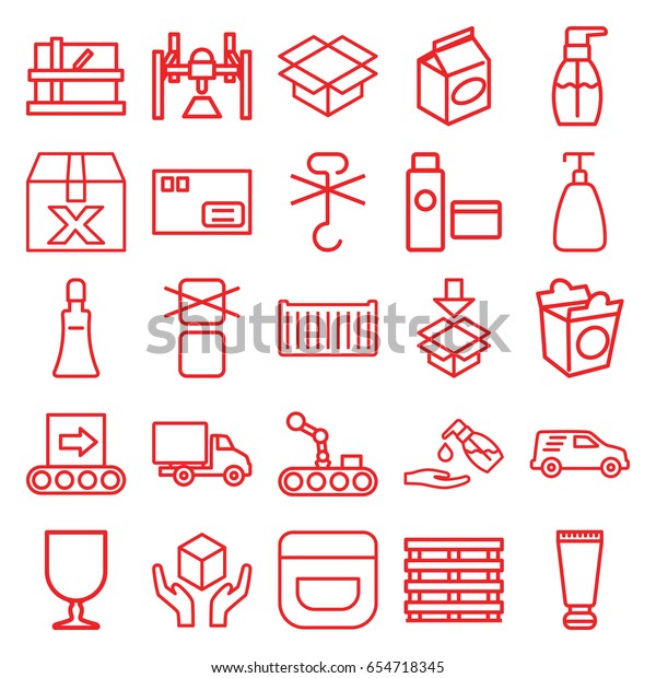 Packaging icons set. set of 25\
packaging outline icons such as parcel, cream tube, soap, cream,\
bottle soap, liquid soap, take away food, cargo box, fragile\
cargo