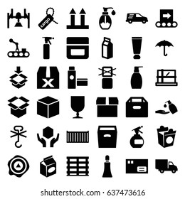 Packaging icons set. set of 36 packaging filled icons such as parcel, cream tube, spray bottle, cream, bottle soap, liquid soap, take away food, soap, milk, cargo box