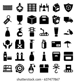 Packaging icons set. set of 36 packaging filled icons such as parcel, cream tube, spray bottle, soap, cream, bottle soap, liquid soap, take away food, milk, cargo box