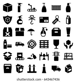 Packaging icons set. set of 36 packaging filled icons such as parcel, cream tube, spray bottle, soap, bottle soap, liquid soap, take away food, milk, cargo box, cargo tag