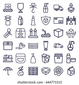 Packaging icons set. set of 36 packaging outline icons such as parcel, cream tube, spray bottle, soap, cream, bottle soap, liquid soap, take away food, milk, cargo box