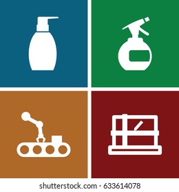 Packaging icons set. set of 4 packaging filled icons such as parcel, spray bottle, bottle soap