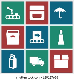 Packaging icons set. set of 9 packaging filled icons such as cream tube, cream, milk, keep dry cargo, delivery car, box, conveyor