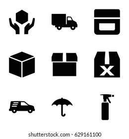 Packaging icons set. set of 9 packaging filled icons such as spray bottle, cream, keep dry cargo, handle with care, delivery car, question box