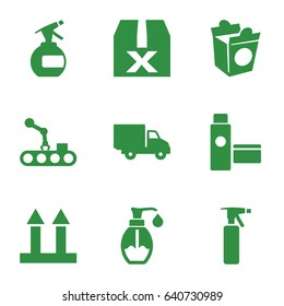 Packaging icons set. set of 9 packaging filled icons such as spray bottle, take away food, soap, cargo arrow up, delivery car, cream tube, conveyor and robot arm