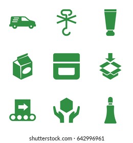Packaging icons set. set of 9 packaging filled icons such as cream tube, cream, take away food, handle with care, no cargo warning, delivery car, box