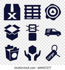 Packaging icons set. set of 9 packaging filled icons such as take away food, cargo box, cargo tag, handle with care, box, arrow up