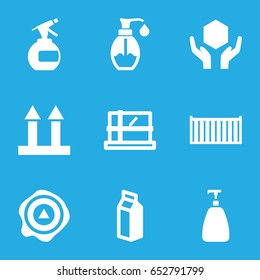 Packaging icons set. set of 9 packaging filled icons such as parcel, spray bottle, soap, milk, cargo box, cargo arrow up, handle with care