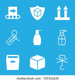 Packaging icons set. set of 9 packaging filled and outline icons such as bottle soap, cargo arrow up, cargo insurance, box