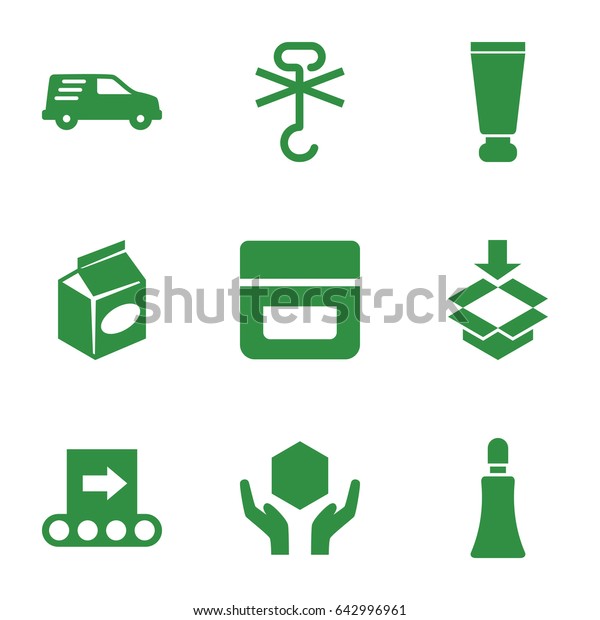 Packaging icons set. set of 9 packaging filled\
icons such as cream tube, cream, take away food, handle with care,\
no cargo warning, delivery car,\
box