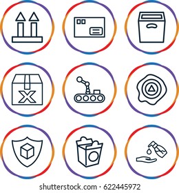 Packaging icons set. set of 9 packaging outline icons such as liquid soap, take away food, cargo arrow up, arrow up, cargo insurance, box, conveyor and robot arm, parcel