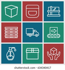Packaging icons set. set of 9 packaging outline icons such as parcel, cream, soap, cargo box, handle with care, delivery car, conveyor