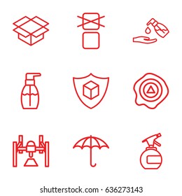 Packaging icons set. set of 9 packaging outline icons such as spray bottle, bottle soap, liquid soap, keep dry cargo, box, arrow up, cargo only in box allowed