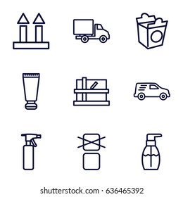 Packaging icons set. set of 9 packaging outline icons such as parcel, cream tube, spray bottle, bottle soap, take away food, cargo arrow up, cargo only in box allowed