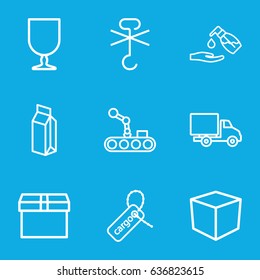 Packaging icons set. set of 9 packaging outline icons such as liquid soap, milk, cargo tag, fragile cargo, no cargo warning, delivery car, conveyor and robot arm