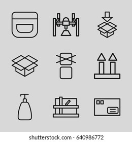 Packaging icons set. set of 9 packaging outline icons such as parcel, soap, cream, cargo arrow up, box