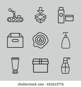 Packaging icons set. set of 9 packaging outline icons such as cream tube, soap, bottle soap, arrow up, box