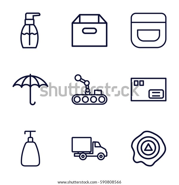 packaging icons set. Set of 9 packaging\
outline icons such as soap, cream, bottle soap, keep dry cargo,\
arrow up, delivery car, conveyor and robot arm,\
parcel