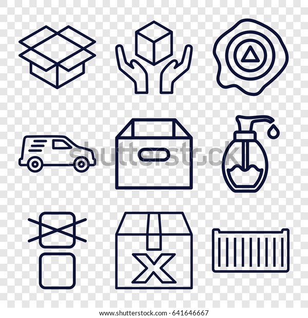 Packaging icons set.\
set of 9 packaging outline icons such as soap, cargo box, handle\
with care, box, arrow\
up