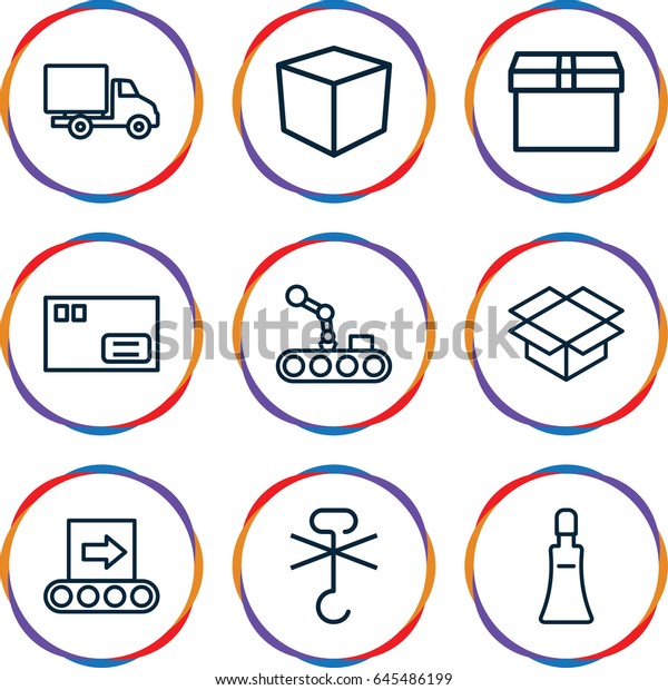 Packaging icons set. set of 9 packaging outline icons\
such as cream tube, box, no cargo warning, delivery car, conveyor,\
conveyor and robot\
arm