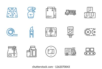 packaging icons set. Collection of packaging with conveyor, truck, package, milk, paper bag, dispenser, cutter, tape, box, shopping bag. Editable and scalable packaging icons.