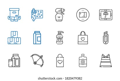 conjunto de iconos de empaque. Colección de embalaje con bolsa de papel, loción de sol, bolsa de compras, arco, leche, cortador, champú, caja, paquete, botella de spray. Iconos de empaque editables y escalables.
