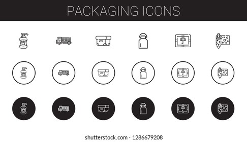 packaging icons set. Collection of packaging with shampoo, truck, box, milk, package, wrapping. Editable and scalable packaging icons.