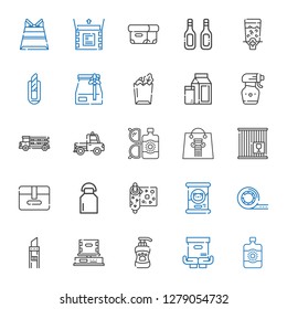 packaging icons set. Collection of packaging with sun lotion, package, shampoo, box, cutter, tape, cat food, wrapping, milk, crate, shopping bag. Editable and scalable packaging icons.