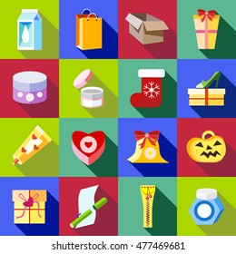 Packaging icons set in flat style. Gift boxes and containers set collection vector illustration