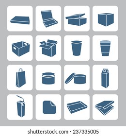 Packaging icons set with plastic and carton delivery boxes containers and cups isolated vector illustration