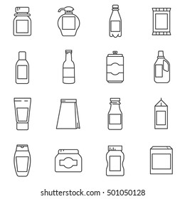 Packaging, icons set. For packaging products and materials, vector line illustration. Jars, bottles and containers, linear icon.