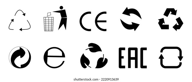 packaging icons. Signs on the product label. Standard signs. Trash can icon and Recycle icons set. Recycling symbols. Vector illustrations 