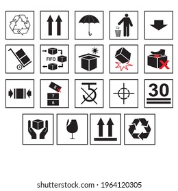 Símbolo de iconos de empaque en estilo plano. Signos negros en el paquete. Símbolo frágil en cartón.