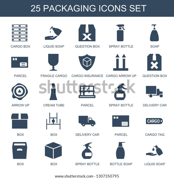 packaging\
icons. Trendy 25 packaging icons. Contain icons such as cargo box,\
liquid soap, question box, spray bottle, soap, parcel, fragile\
cargo. packaging icon for web and\
mobile.