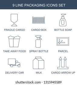 packaging icons. Trendy 9 packaging icons. Contain icons such as fragile cargo, cargo box, bottle soap, take away food, spray bottle, parcel. packaging icon for web and mobile.