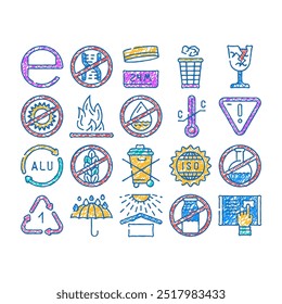 packaging industrial marking doodle icons set vector. sketch line art fragile and protect from heat, flammable and water care mark for packaging, standard hazardous product sign contour illustrations