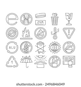 Embalaje Industrial Iconos de marcado Conjunto de Vector. Frágil Y Protege Del Calor, La Marca Inflamable Y Del Cuidado Del Agua Para El Embalaje, El Estándar De Iso Y Las Ilustraciones Peligrosas Del Contorno Del Signo Del Producto