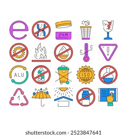 Embalaje Industrial Iconos de marcado Conjunto de Vector. Frágil Y Protege Del Calor, La Marca Inflamable Y Del Cuidado Del Agua Para El Embalaje, El Estándar De Iso Y Las Ilustraciones Peligrosas Del Contorno Del Signo Del Producto