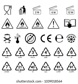 packaging information label icons, packaging label symbols, labels. no fill color, black outline