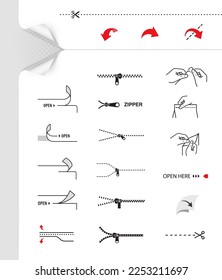 Packaging instruction icons set. Vector illustration isolated. Set for packs, shows the place of opening. EPS10.	