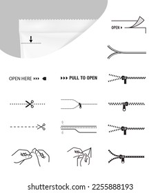 Iconos de instrucciones de empaquetado establecidos. Ilustración vectorial aislada. Ajustado para los paquetes, muestra el lugar de apertura. EPS10.	