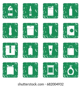 Packaging items icons set in grunge style green isolated vector illustration
