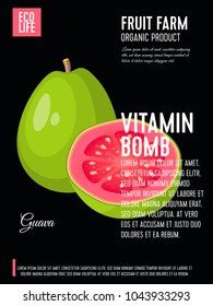 Packaging label. Concept design with inscription. Guava, whole fruit and half. Vector flat poster template with text.