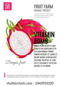 Packaging label. Concept design with inscription. Red dragon fruit, whole fruit and half. Vector flat poster template with text.