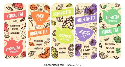 Packaging label design set for organic herbal tea. Full leaf tea drink with strawberry, peach and raspberry, vector illustration. Tasty floral product with hibiscus, emblem with hand drawn element