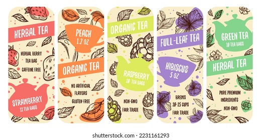 Packaging label design set for organic herbal tea. Full leaf tea drink with strawberry, peach and raspberry, vector illustration. Tasty floral product with hibiscus, emblem with hand drawn element